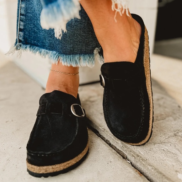 Birkenstock Shoes - Birkenstock Buckley Moccasin Clog Slide in Black Suede | 37 (6)